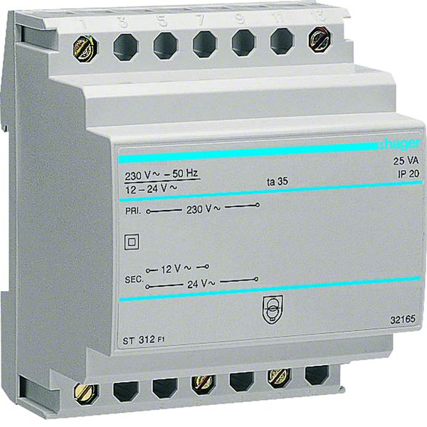 Hager ST312 Sicherheitstrafo 230V / 12V und 24V 25VA 4PLE. Sicherheitstransformator mit getre