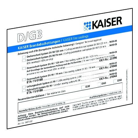 10 St. Kaiser 9473-92 Brandschutz Schott-Kennzeichnungsschild Sprachen D/GB/FR/NL