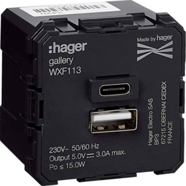 Hager USB-Ladegerät WXF113 Typ A+C 230V 50/60Hz 2-f 45x45mm